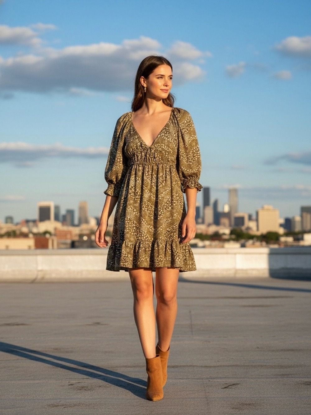 Women's ANGIE Olive Green Floral Mini Dress L